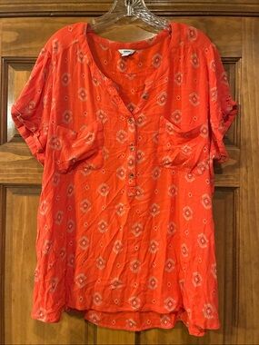 XXL Sonoma Vibrant Orange/Coral Tribal Print Top with Split V Neck
